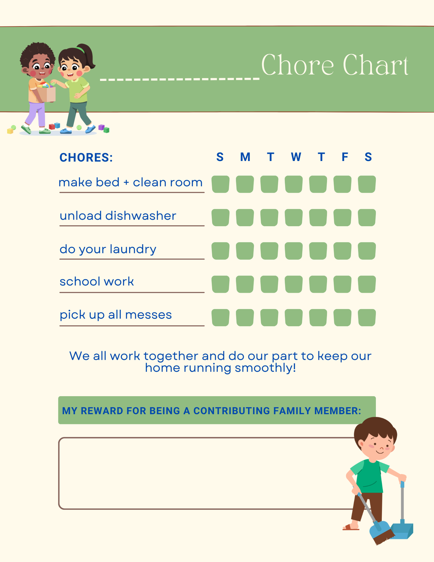 Downloadable PDF Kid's Chore Chart